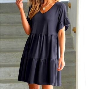 Navy V-Neck, Ruffle Sleeve, A Line Tiered, Flowy Dress w/ Pockets, XL NWT